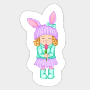 Baby girl in bunny hat and spring clothes with flower. Spring print Sticker